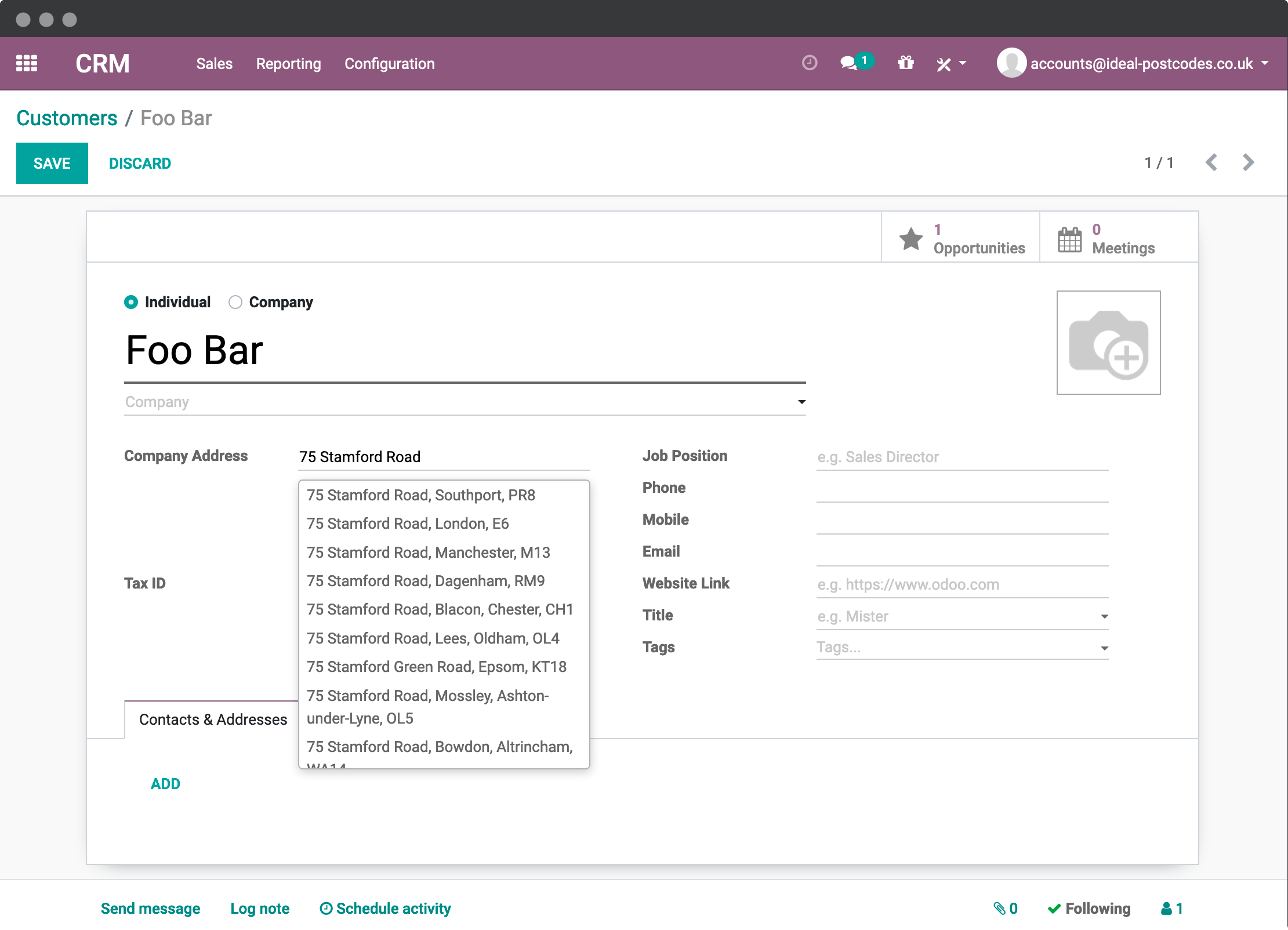 Address Autocompletion on the Odoo CRM page-screenshot