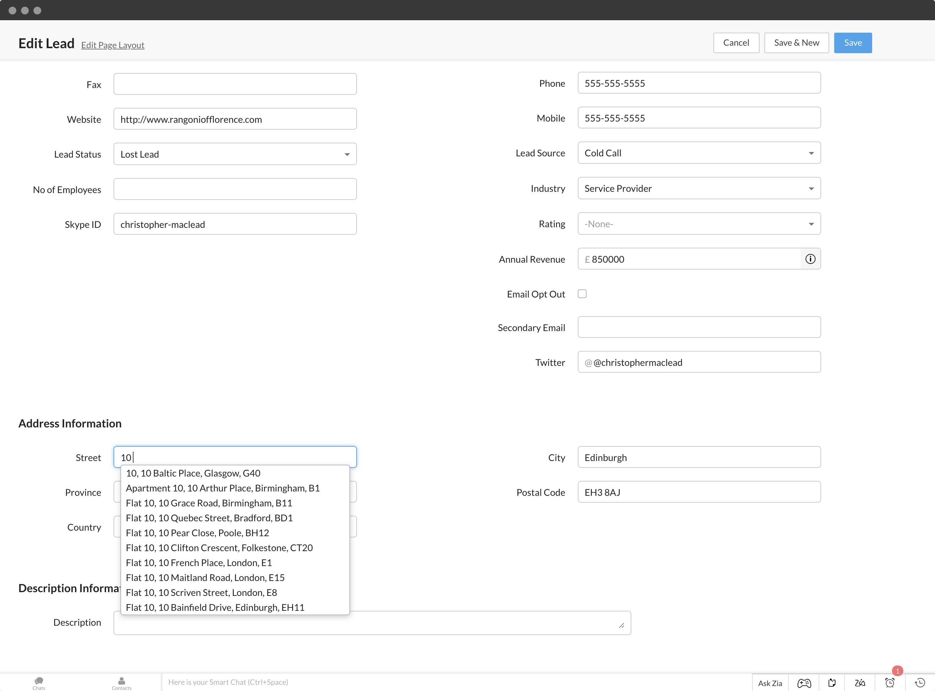 Address Lookup on the Zoho CRM Lead editing page-screenshot